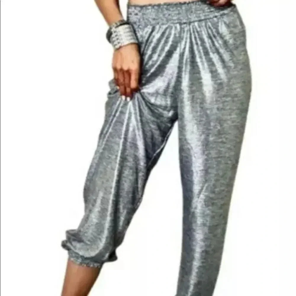 Anthropologie shiny silver lounge sweat pants size medium